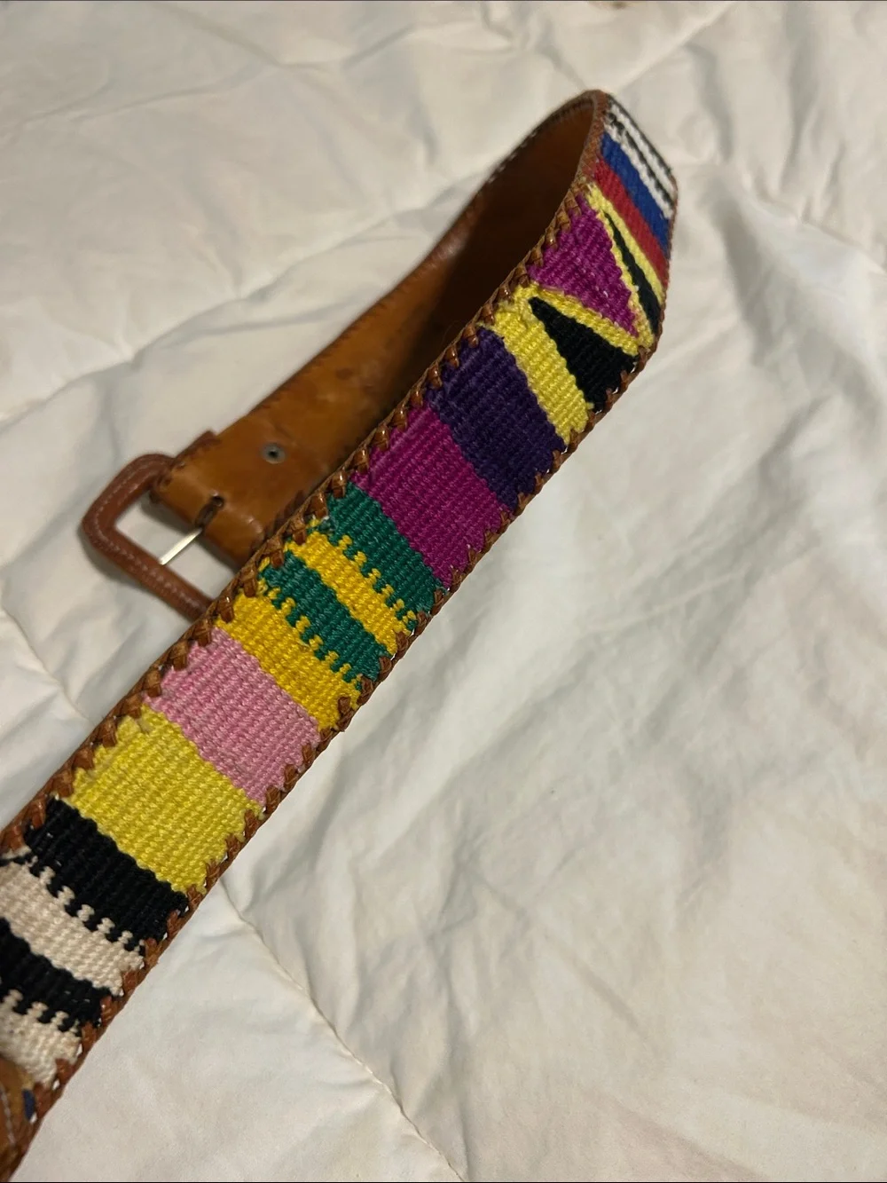 Viintage Mexico Leather Belt with Multicolor Woven Accent - Brown